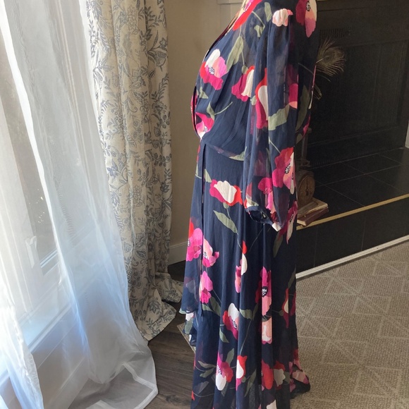 Elegant Calvin Klein Faux Wrap Dress Hi Low Sz 10 Navy and Floral Breezy Summer - Picture 5 of 11